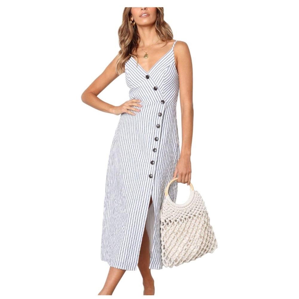 Blooming Jelly Womens V Neck Dress Sleeveless Spaghetti Strap Button Down Stripe - Picture 1 of 14